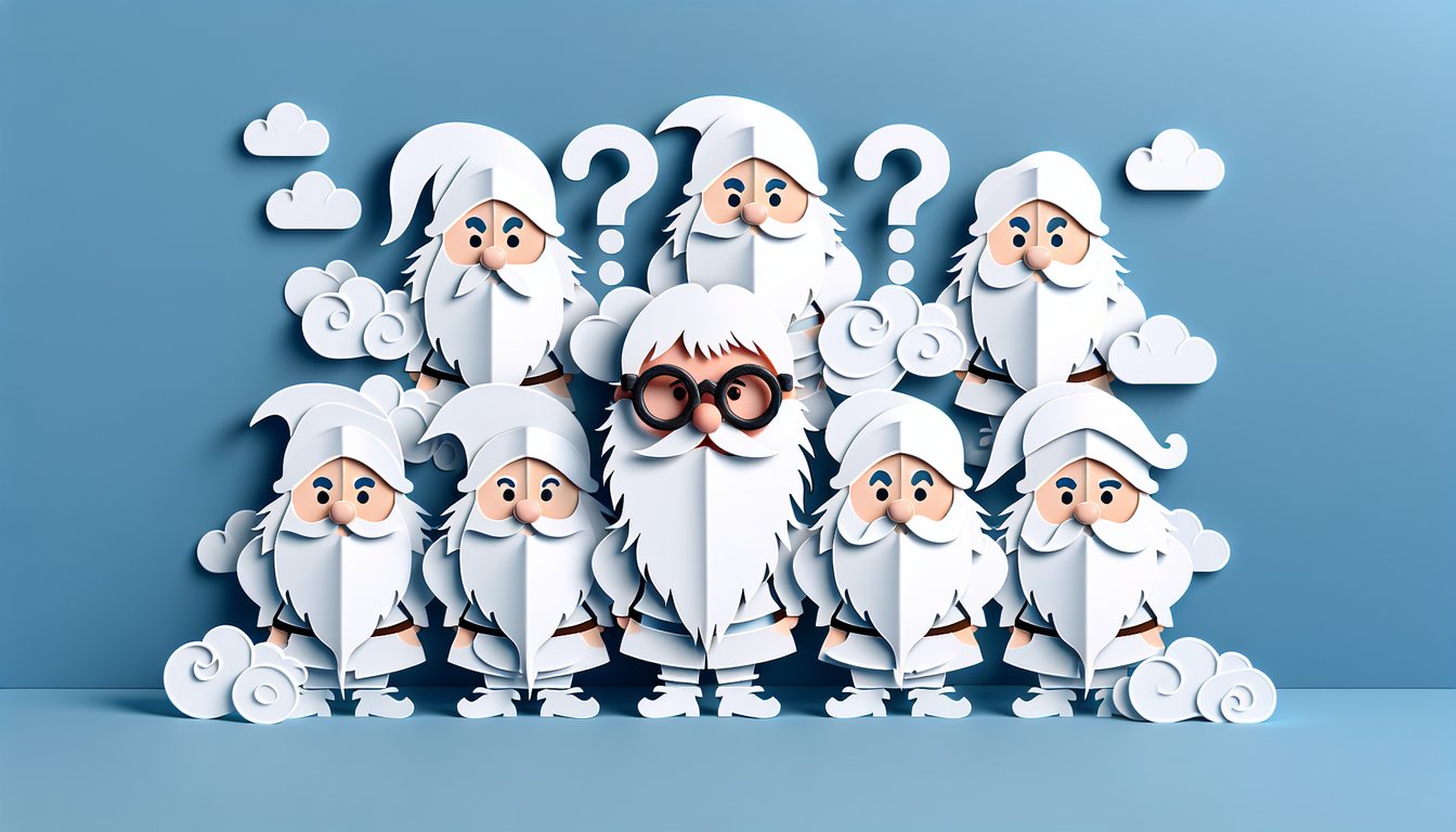 Paper art style illustration showing seven dwarfs and quiz prompt with one dwarf wearing glasses on sky blue background.