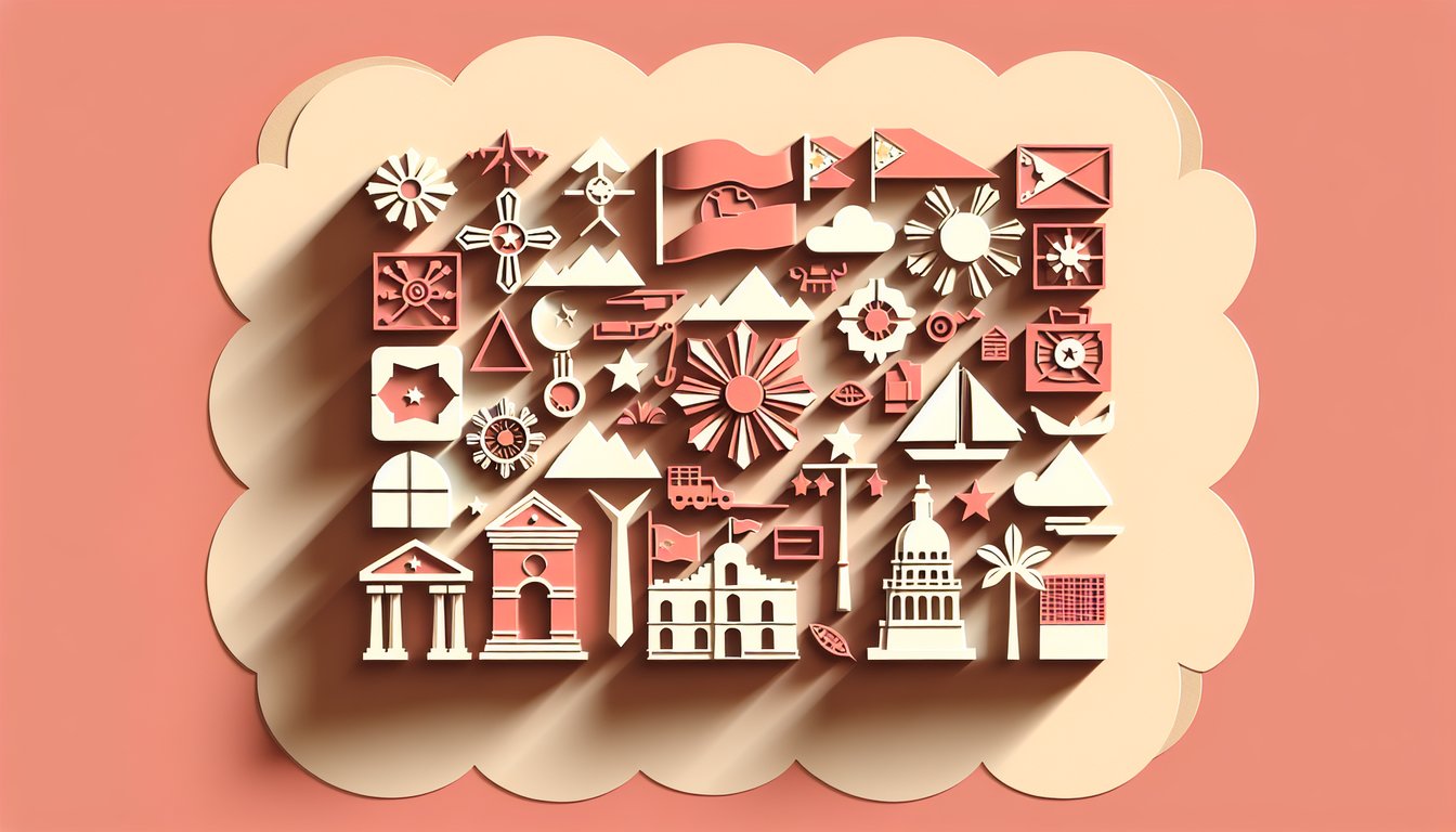 Paper art illustration for a Philippine history trivia quiz on a coral background