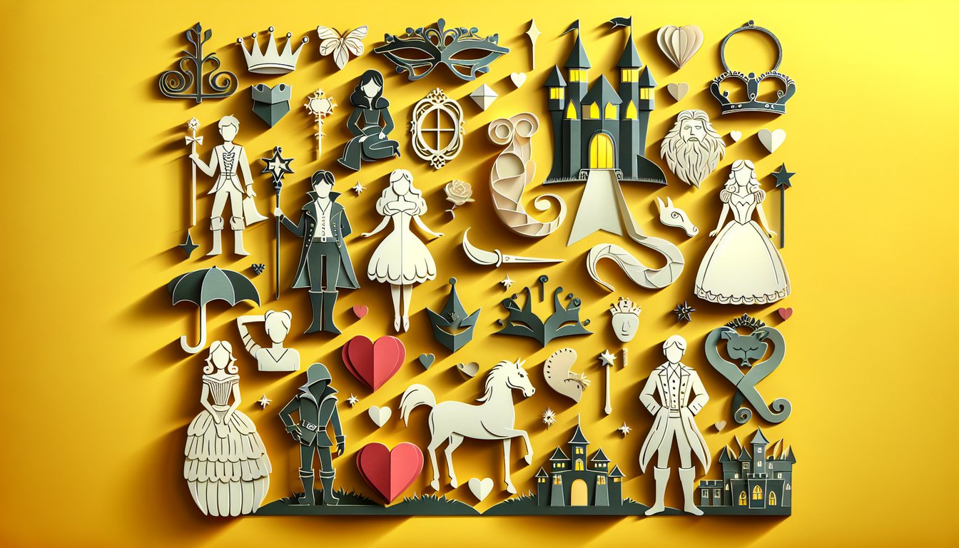 Paper cut Disney castle and character silhouettes on golden yellow background promoting free quiz to match your personality