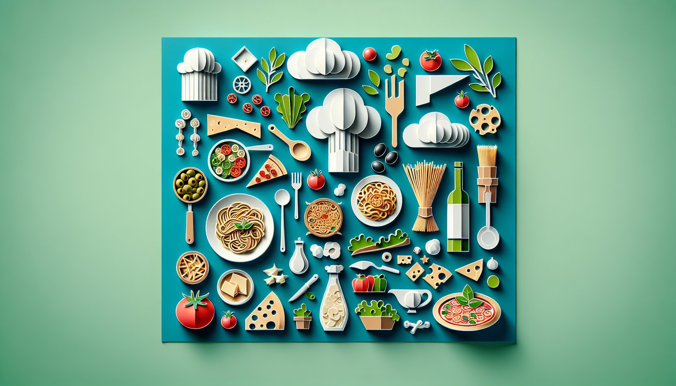 Paper art illustration for Italian trivia quiz on classic dishes and culinary facts on teal background.