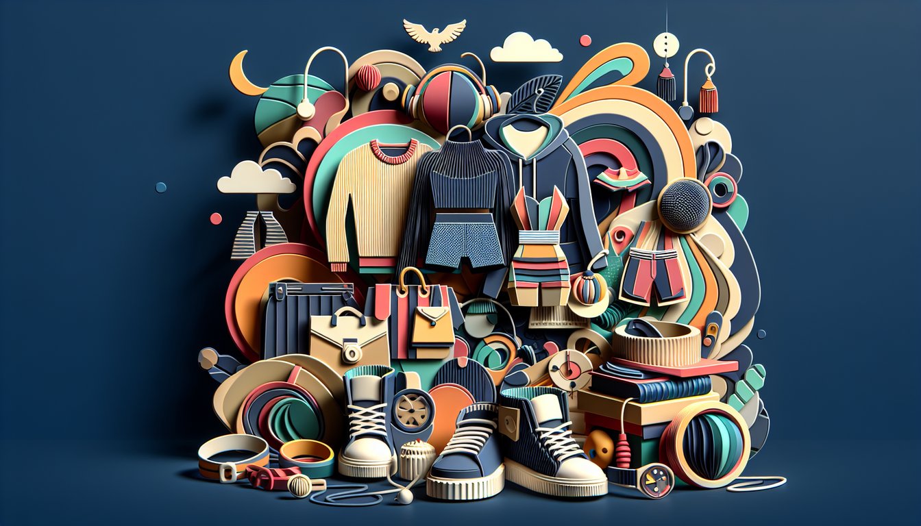 Paper art fashion quiz graphic featuring stylized clothing icons dress shoes hats on dark blue background