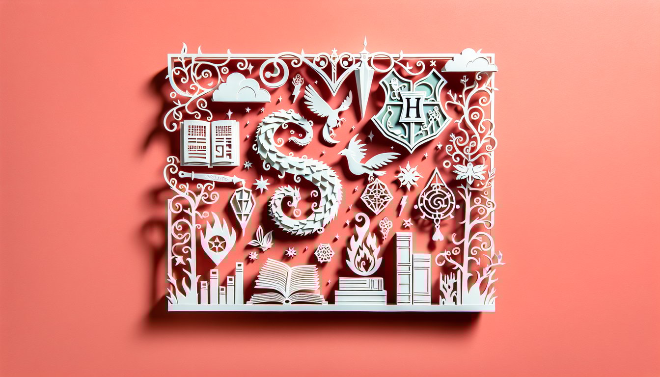 Paper art wizarding quiz banner Hogwarts 2nd Year exam charms creatures spells wands potions on coral background