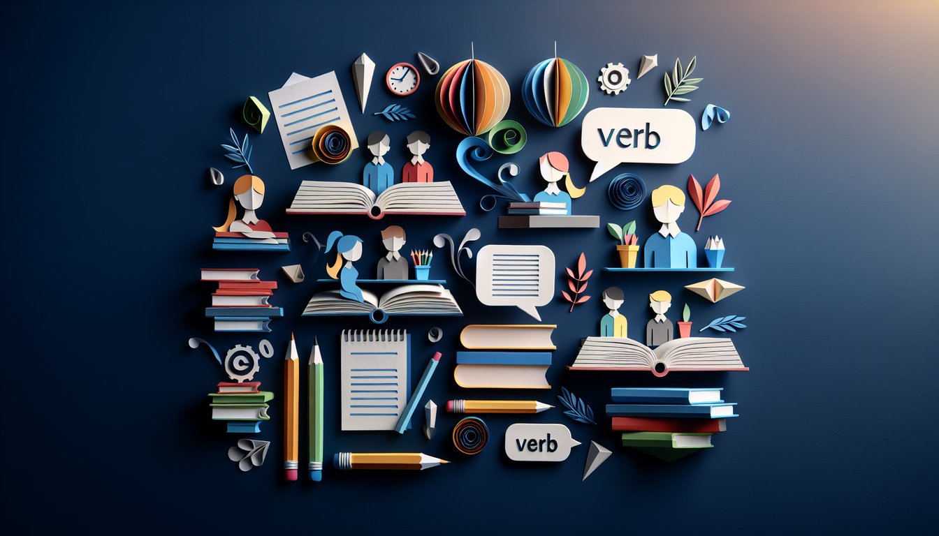 Colorful paper art promoting Elige el Verbo, a Spanish verb mastery quiz for students.