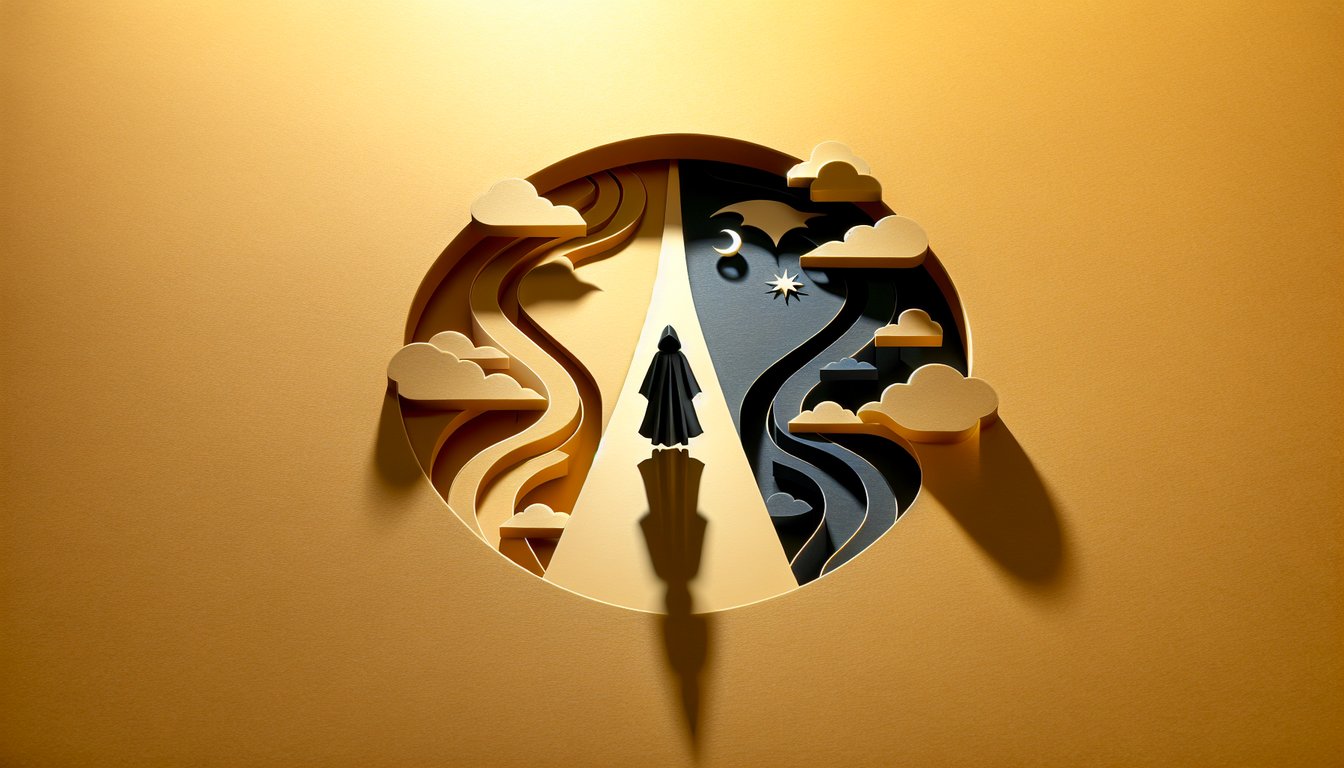 Paper art collage of DC hero villain symbols on golden yellow background for character quiz.