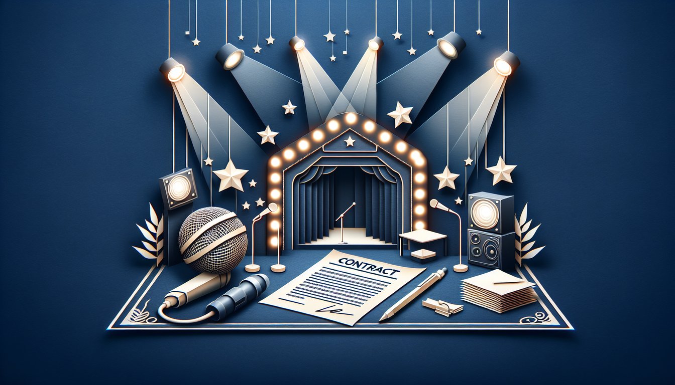 Colorful paper art illustrating a quiz on live performance contracts and riders