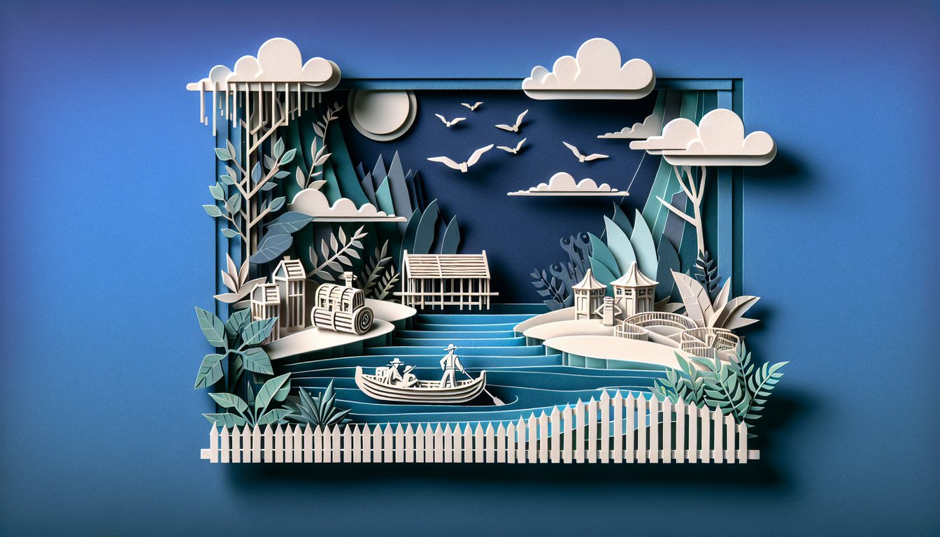 Paper art illustration of Tom Sawyer trivia quiz featuring riverboat hat book icons on dark blue background