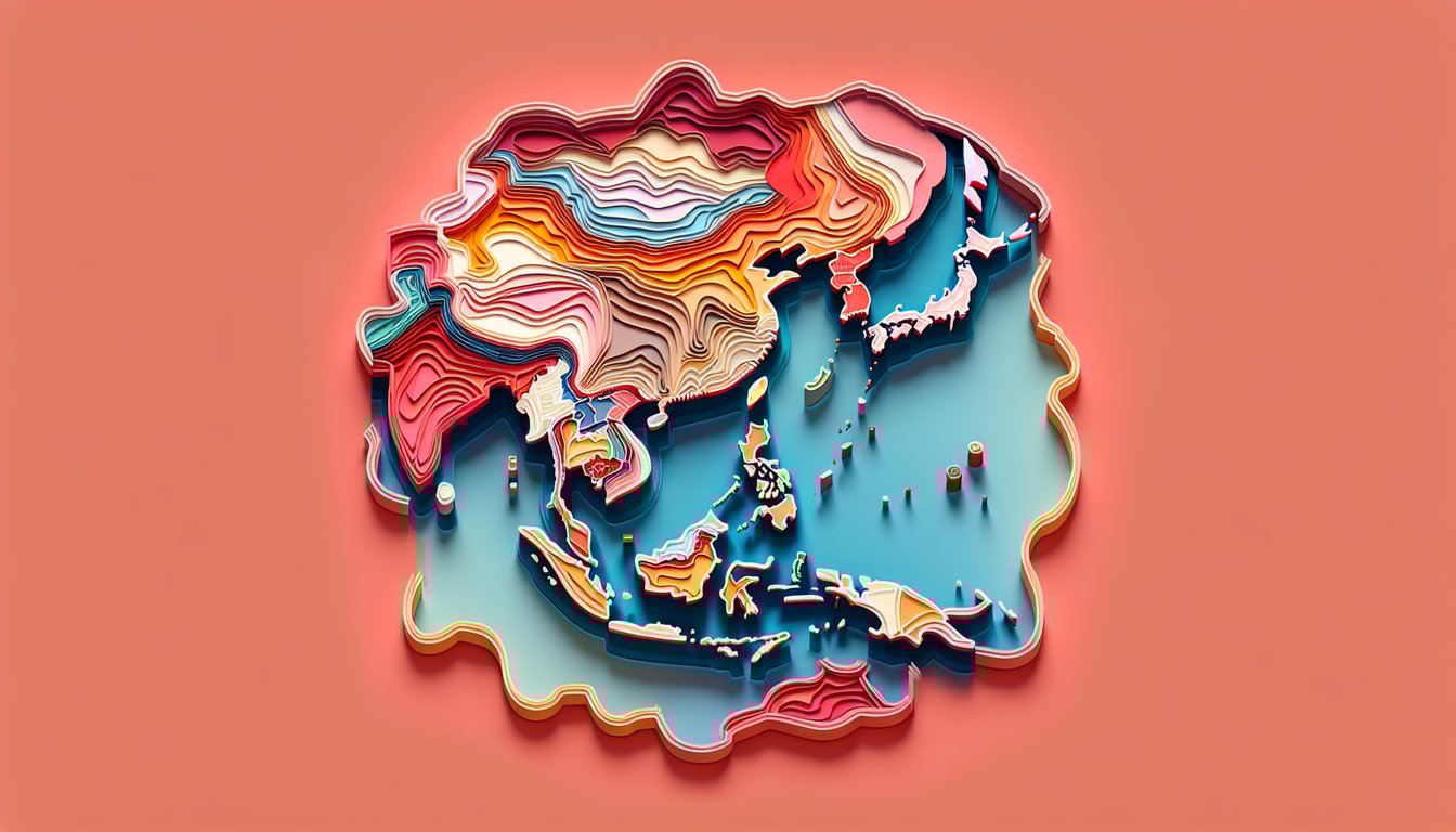 Paper art illustration of East Asia map quiz on a coral background.