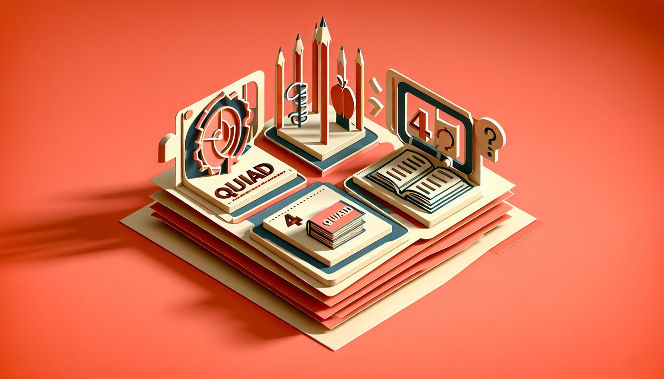 Paper art coral background showing colorful letters forming quad words around a quiz prompt