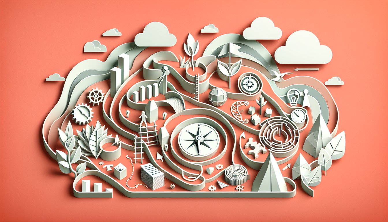 Paper art illustration shows layered cutouts of people on steps, arrows on coral background symbolizing leadership quiz