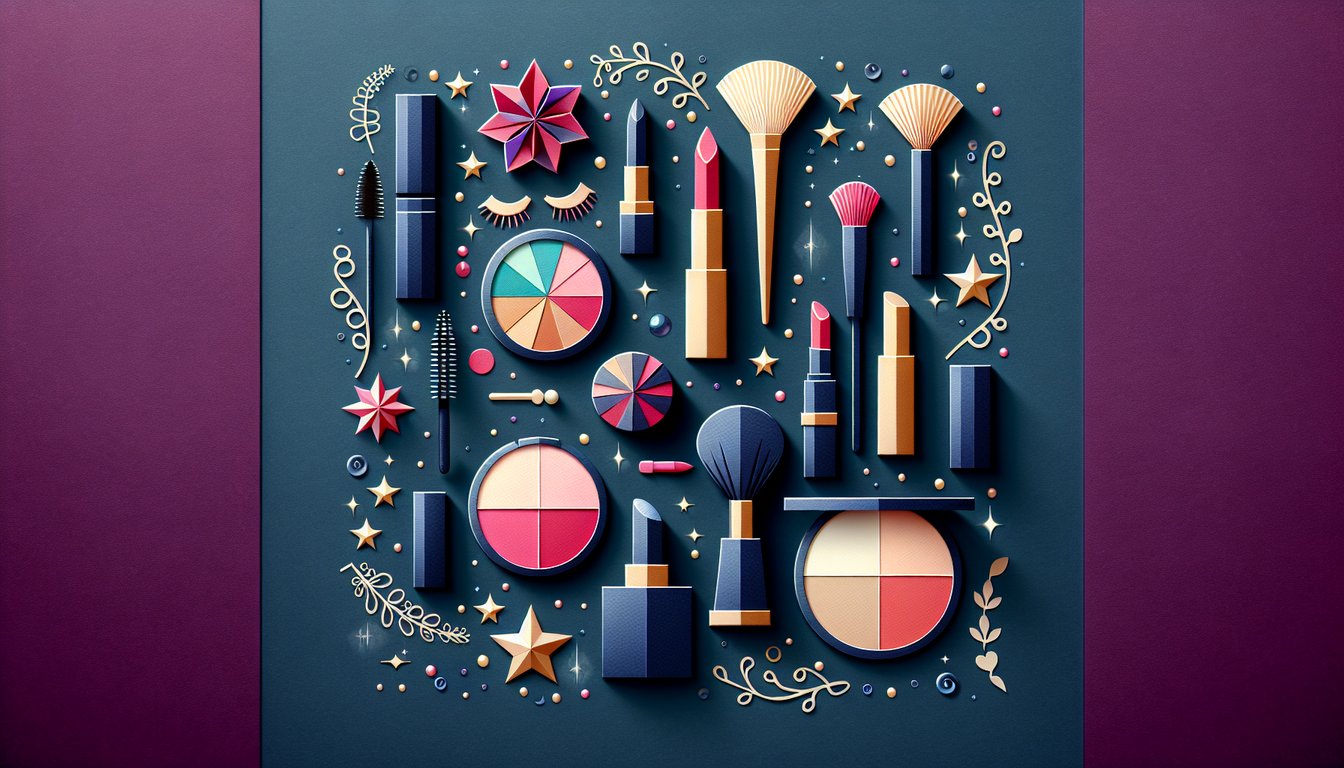 Colorful paper art displaying various makeup items for Makeup Trends Trivia Quiz