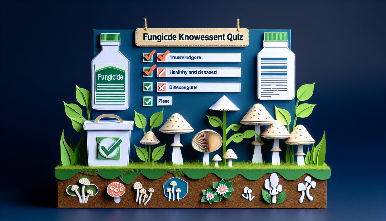 Colorful paper art depicting elements related to Fungicide Knowledge Assessment Quiz
