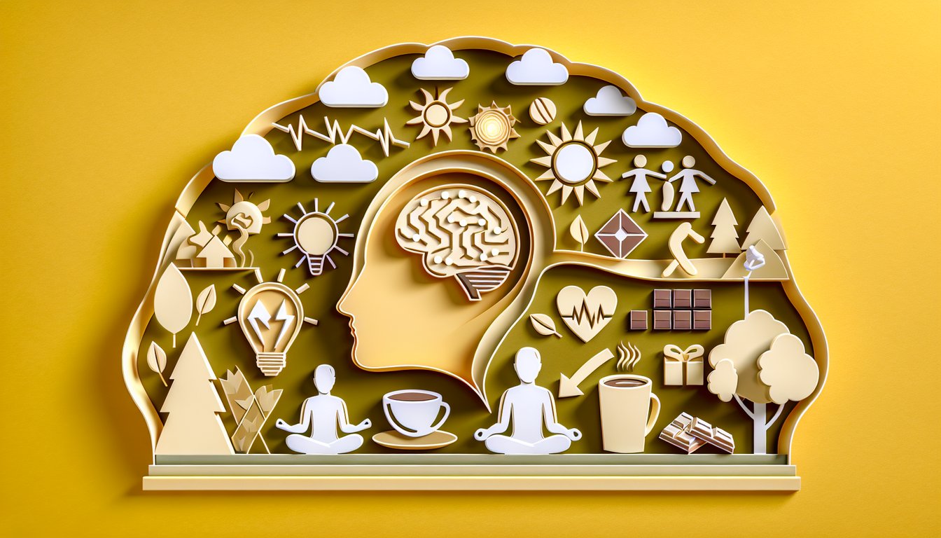 Paper art illustration of person holding head surrounded by headache icons on golden yellow background for migraine quiz