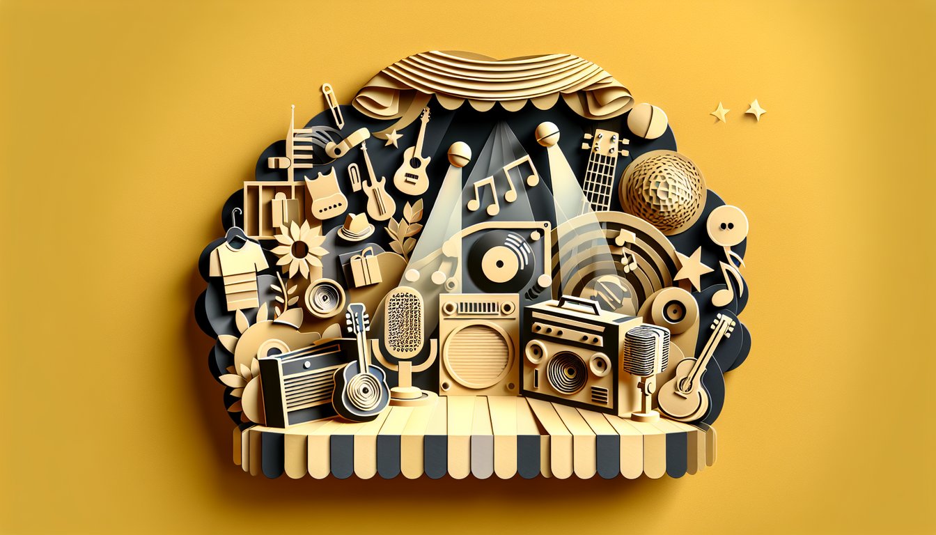 Paper art illustration for Taylor Swift era personality quiz on a golden yellow background