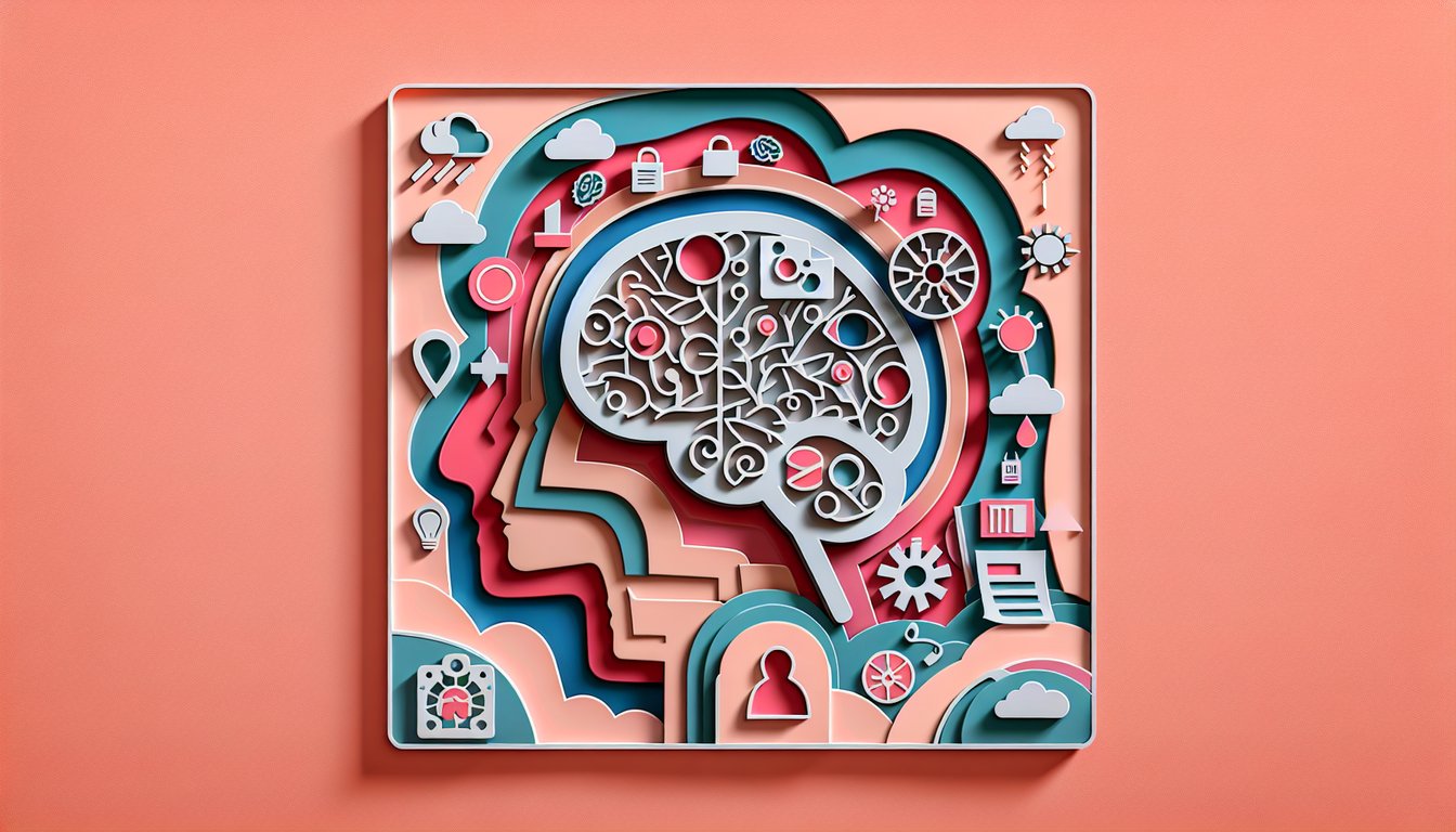 Paper art illustration with layered brain cutouts and question marks on coral background for psychosis quiz