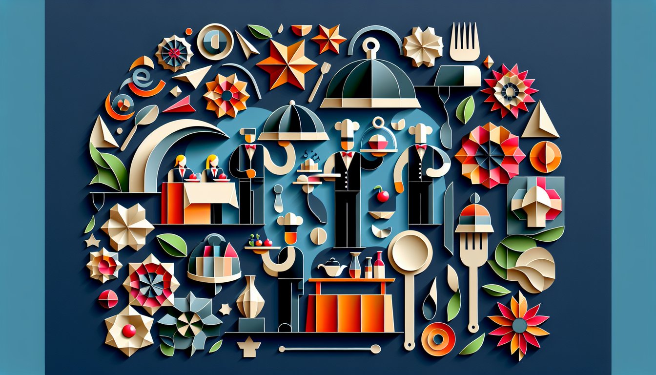 Colorful paper art promoting a trivia quiz on restaurant service protocol