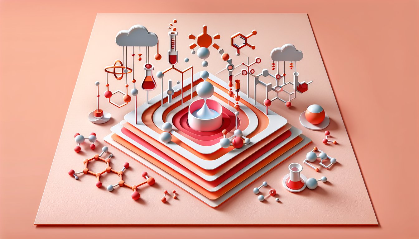Paper art of test tubes beakers and gears on coral background promoting free reaction rates and kinetics quiz