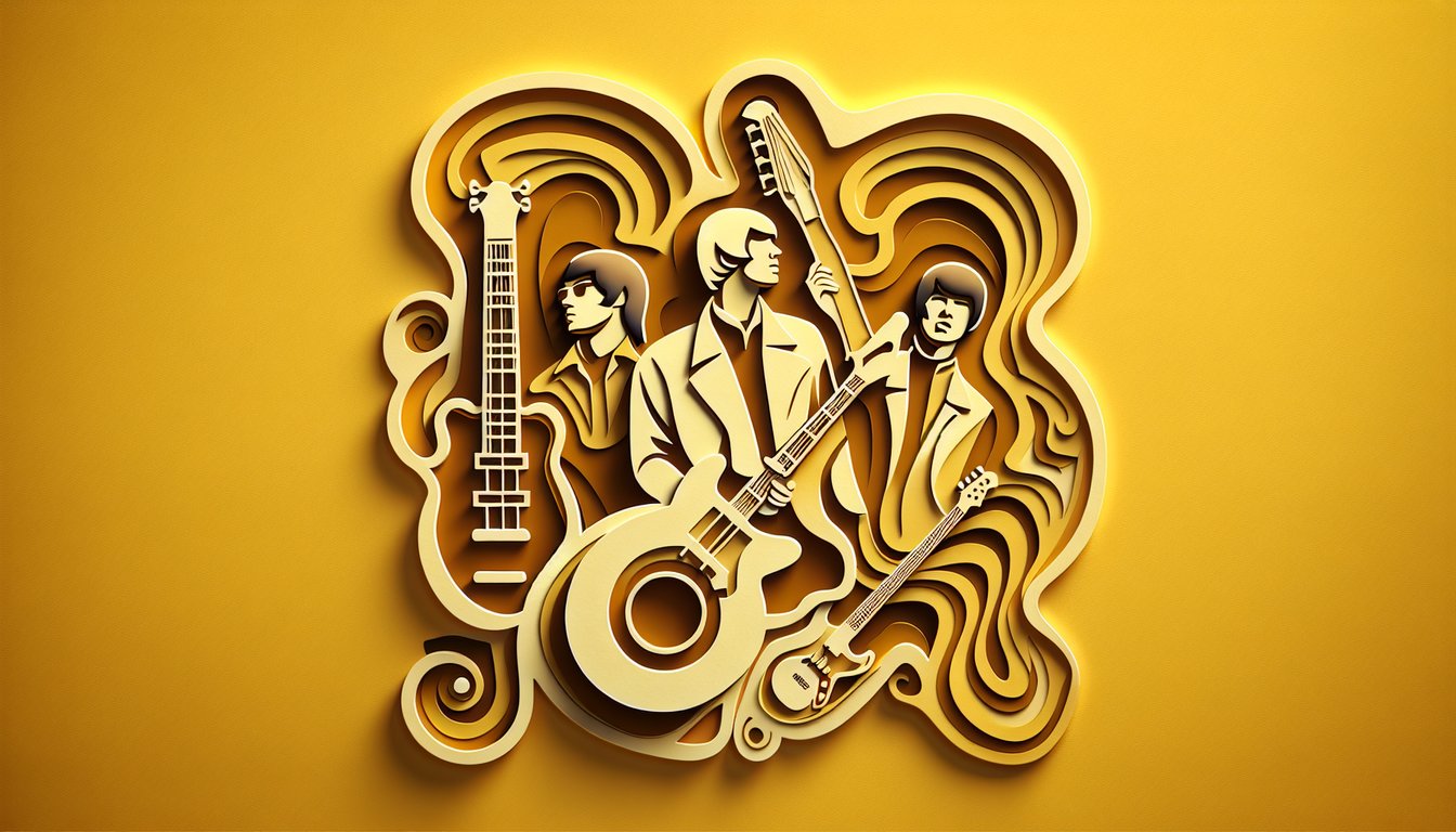 Paper art collage of vinyl records and band silhouettes on golden yellow background for 60s and 70s music quiz
