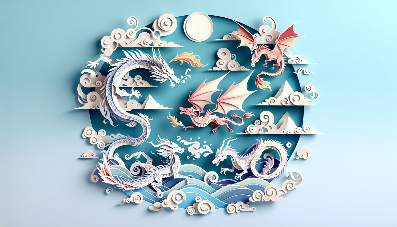 Paper art illustration for dragon spirit animal quiz on sky blue background