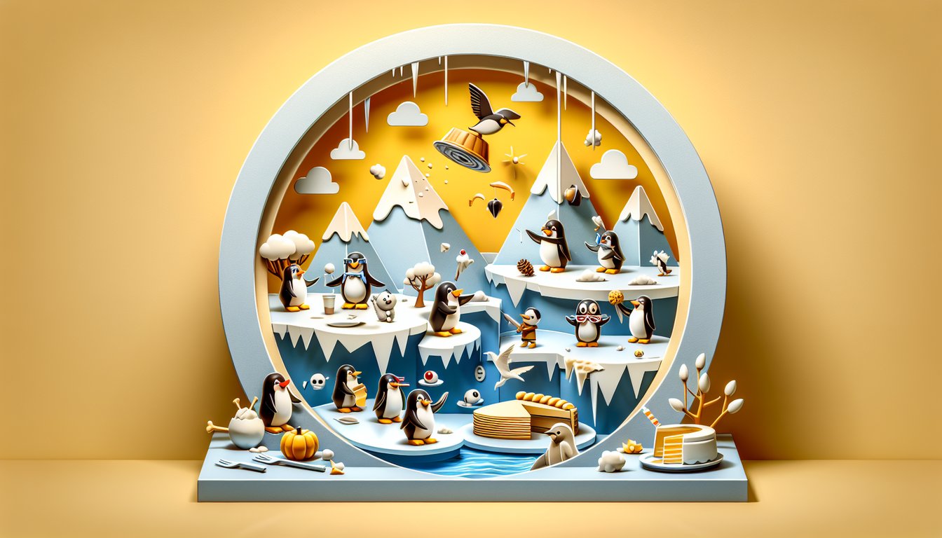paper art Club Penguin April Fools quiz scene with penguins in party hats confetti quiz icons on golden yellow background