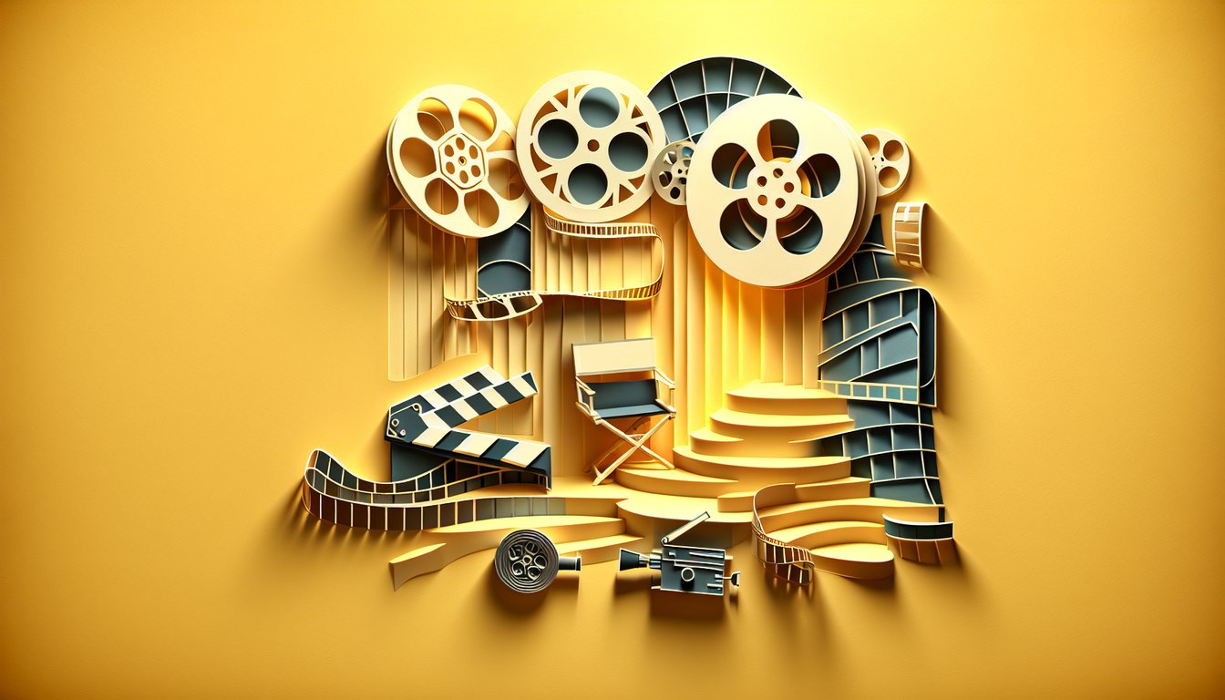 paper art movie clapperboard film reel and stars on golden yellow background inviting quiz on iconic scenes