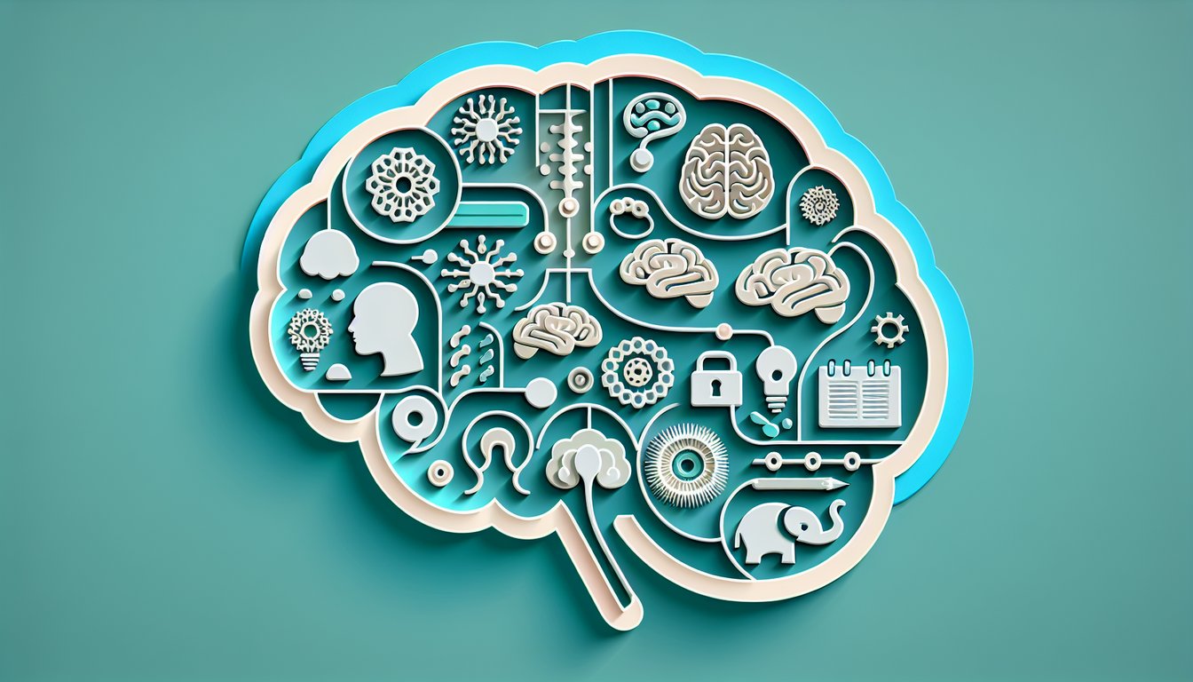 Paper art style brain puzzle pieces question marks floating against teal background for memory quiz