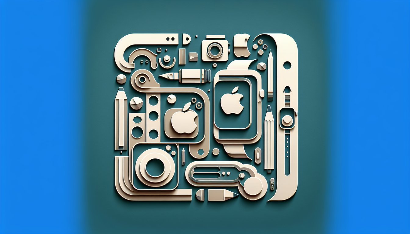 Paper art quiz illustration with Apple Watch Apple Pencil iPhone icons on teal background evoking challenge and fun