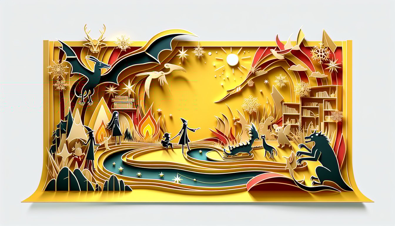 Paper art scene with whimsical paper cutout girl holding star shaped book and question marks on golden yellow background