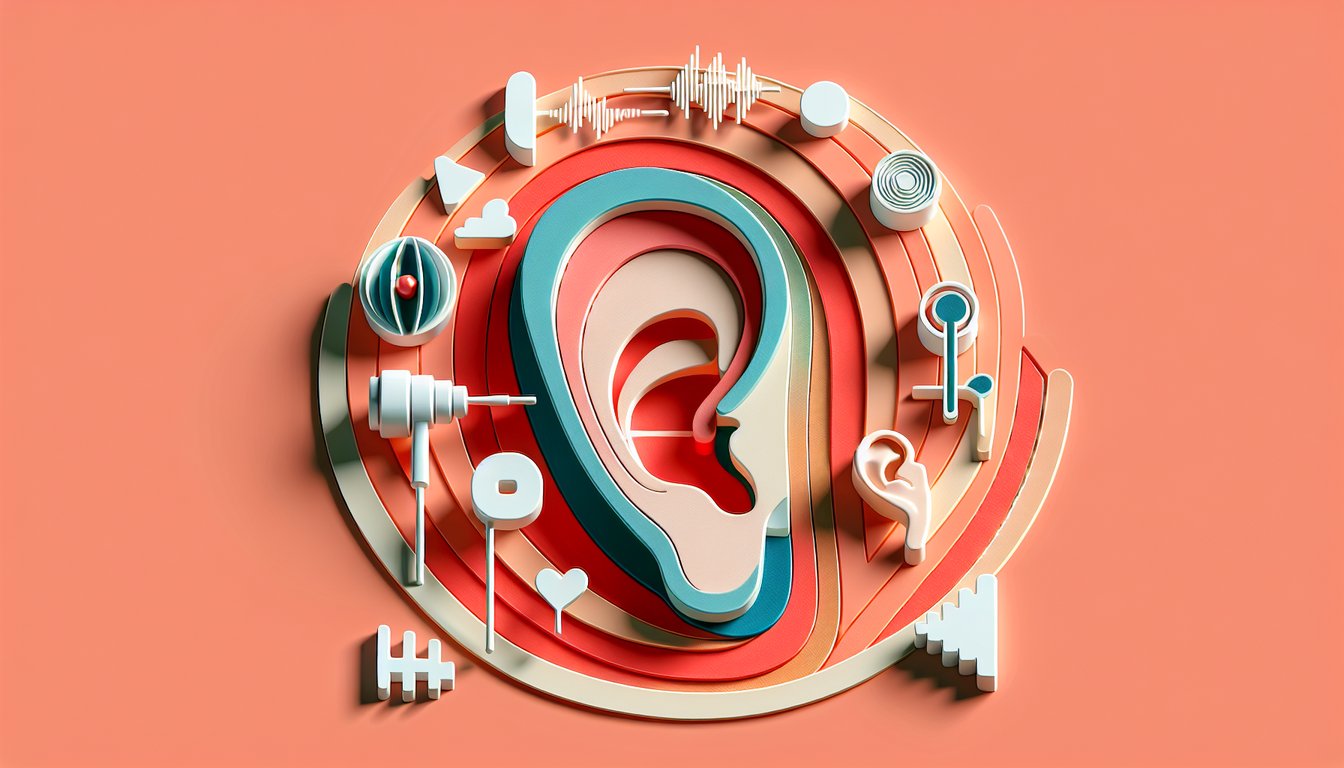 Paper art ear shapes question marks quiz icons on coral background representing a free deaf quiz hearing challenge