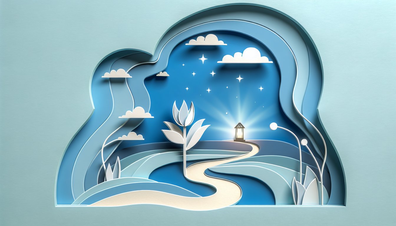 Paper art illustration for trauma quiz on sky blue background offering insights into emotional well-being