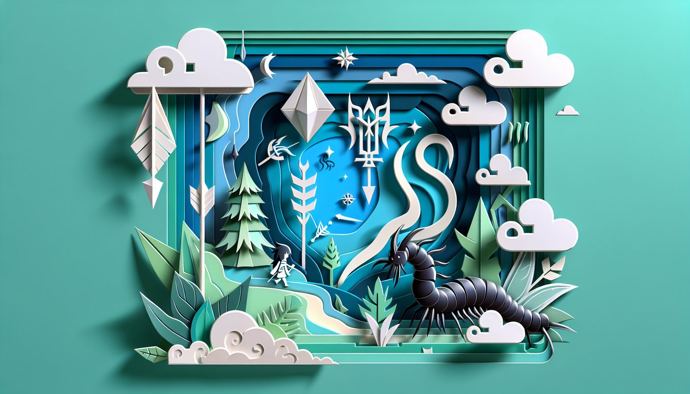 Paper art illustration for Inuyasha quiz featuring Kagomes arrows and Centipede Demon on teal background