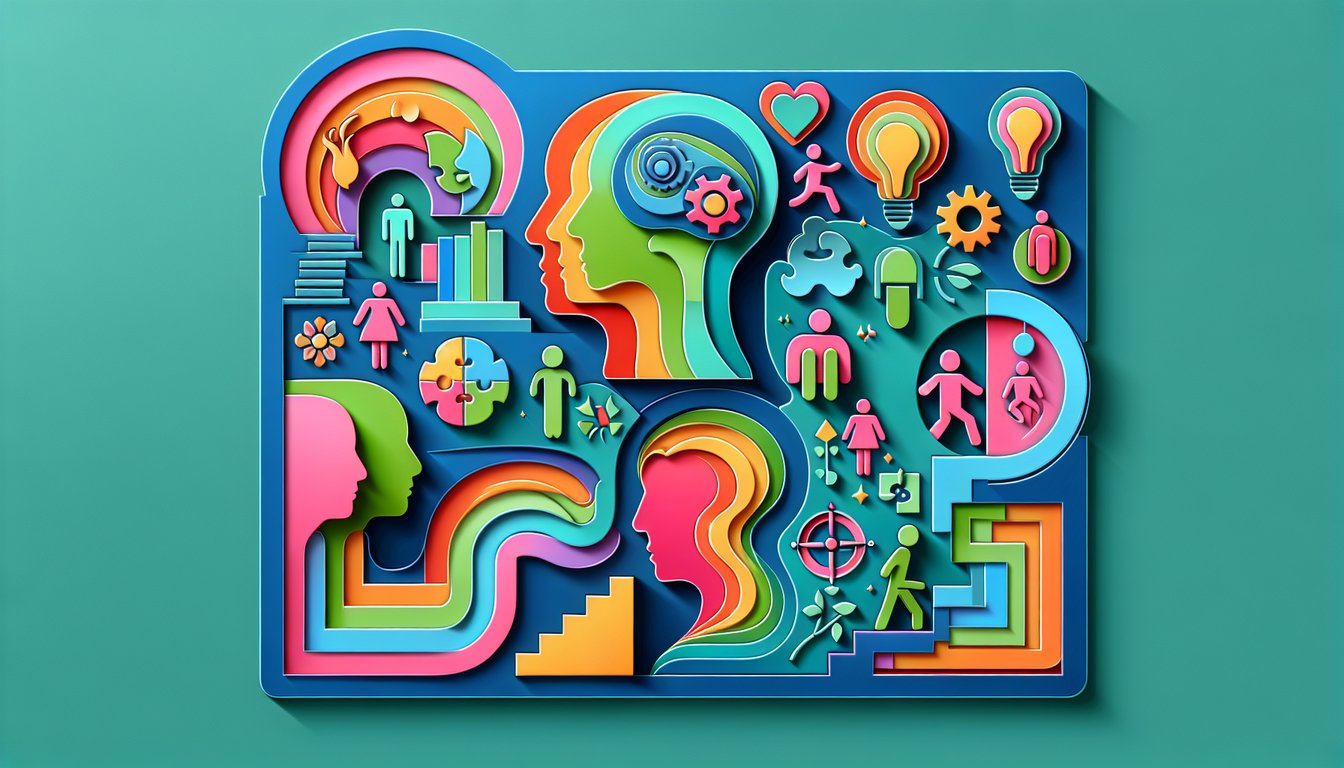 Paper art illustration for behavior style quiz on teal background