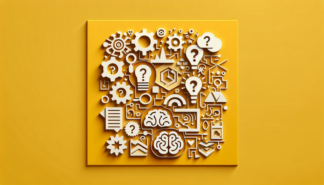 Paper art illustration of PAT practice quiz title with notebook, pencil, and geometric shapes on golden yellow background.