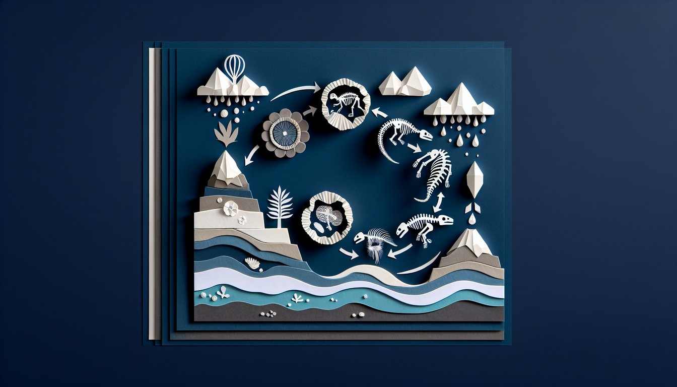 Colorful paper art depicting elements of the fossilization process for a trivia quiz