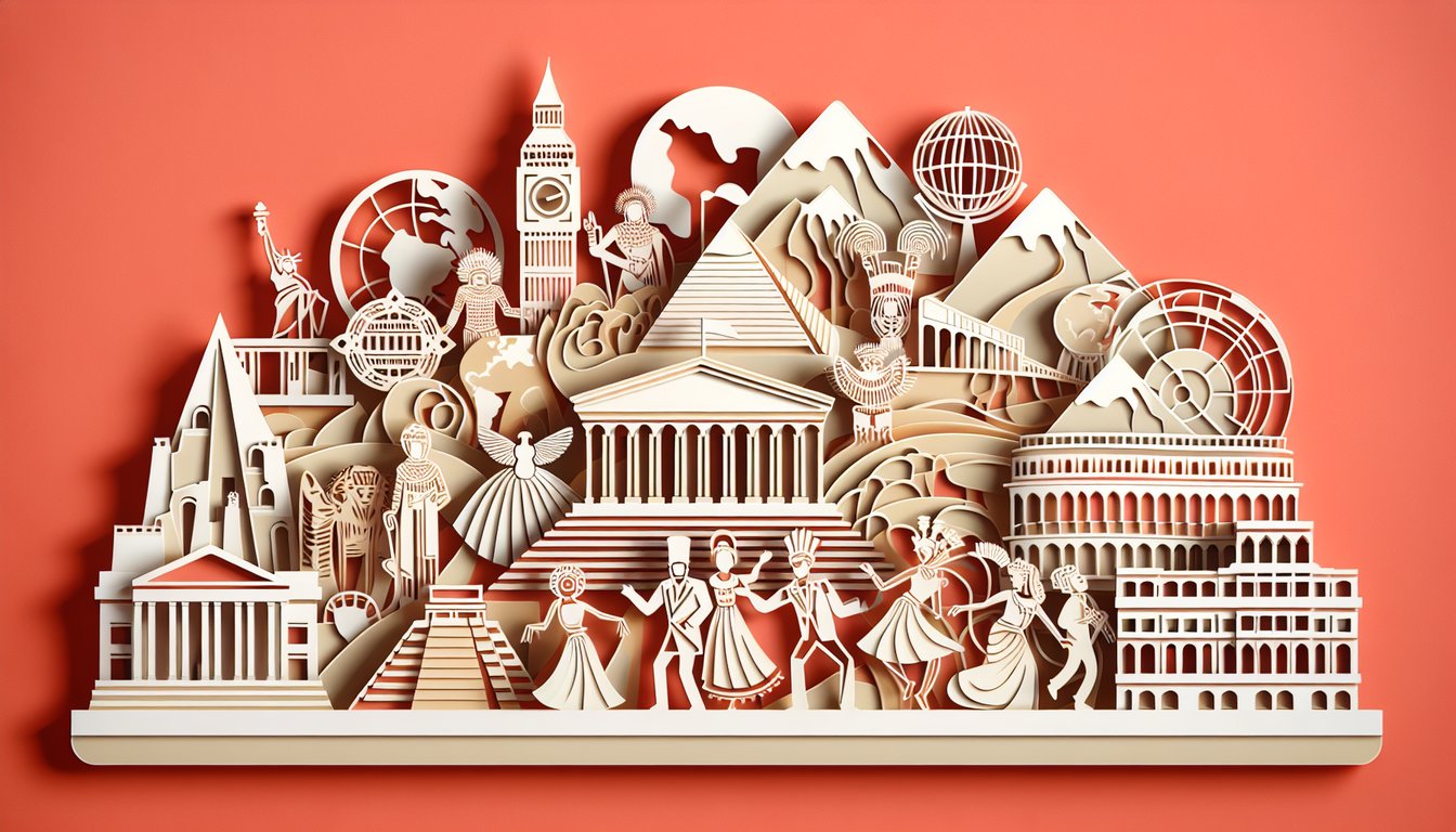 Paper art collage for social studies quiz showing globe map book puzzle question mark on coral background