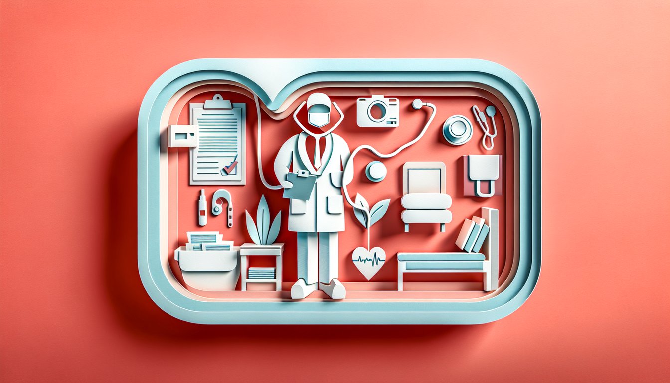 Paper art illustration promoting a free Appendicitis self-diagnosis quiz on a coral background.