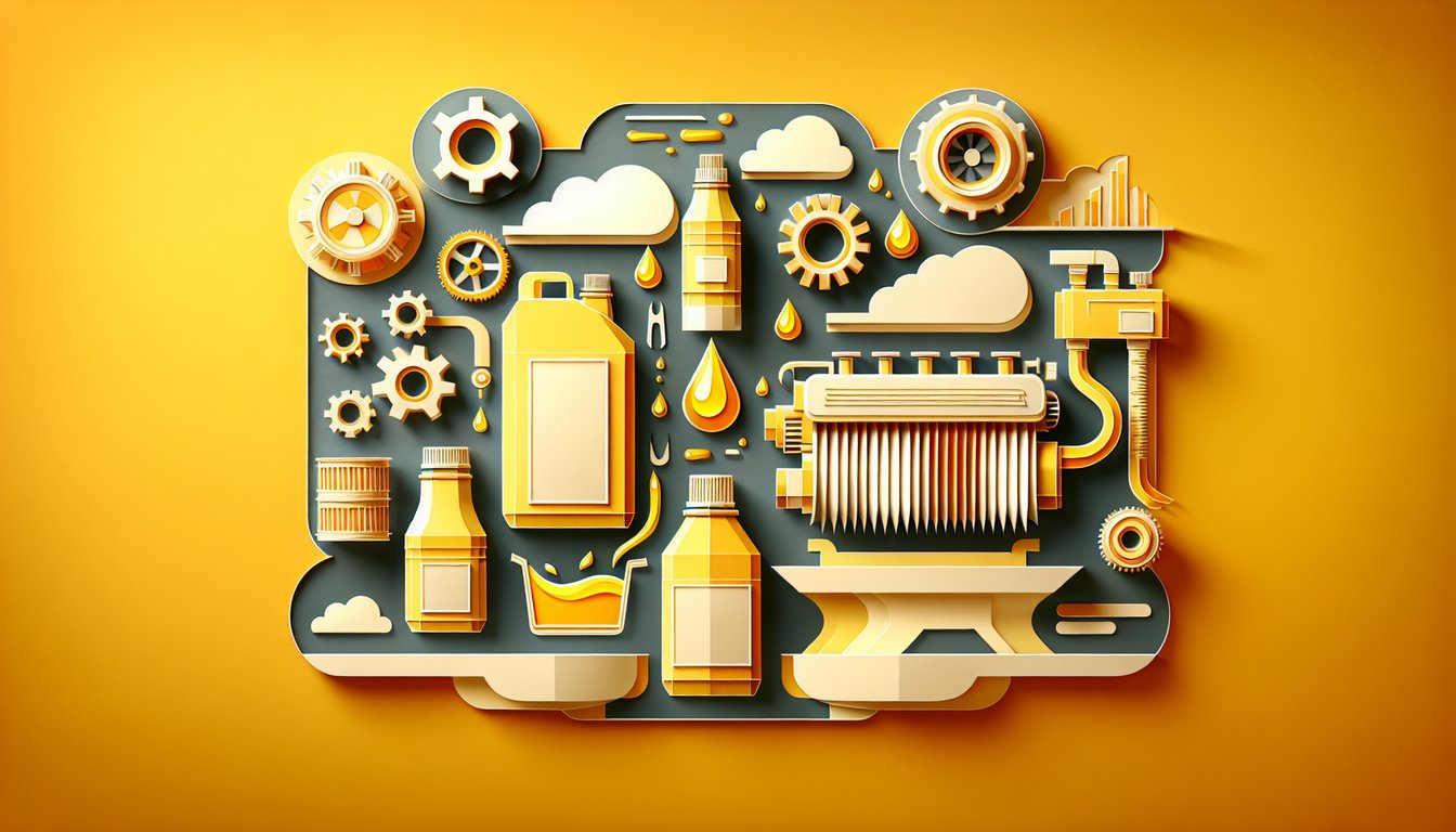 Paper art engine block with oil can gear coolant gauge pipes on golden yellow background
