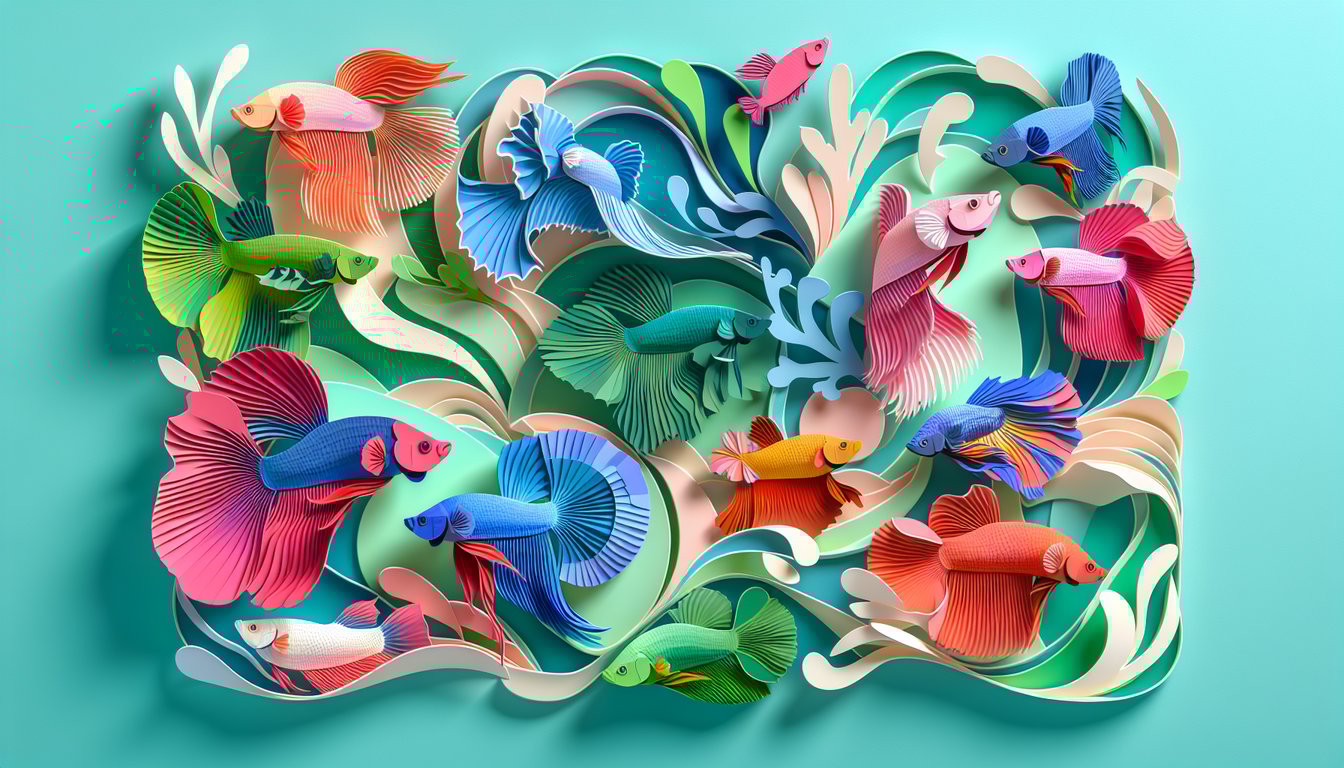 Paper cut style art showing a vibrant betta fish on a teal background with bold quiz text about personality match