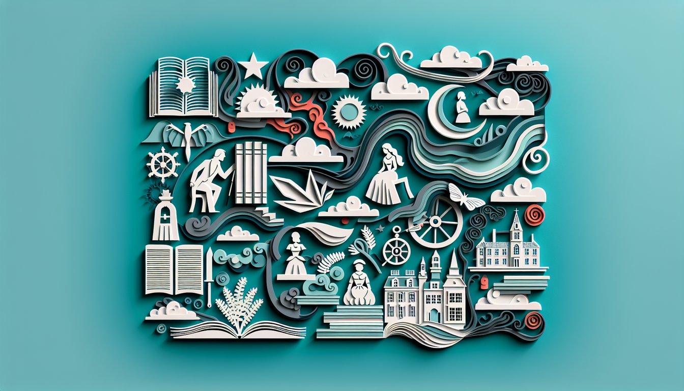 Paper art illustration for Scarlet Letter quiz chapters 3-5 on teal background
