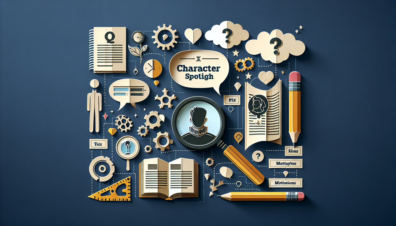Colorful paper art promoting a Character Spotlight Quiz for literature students.