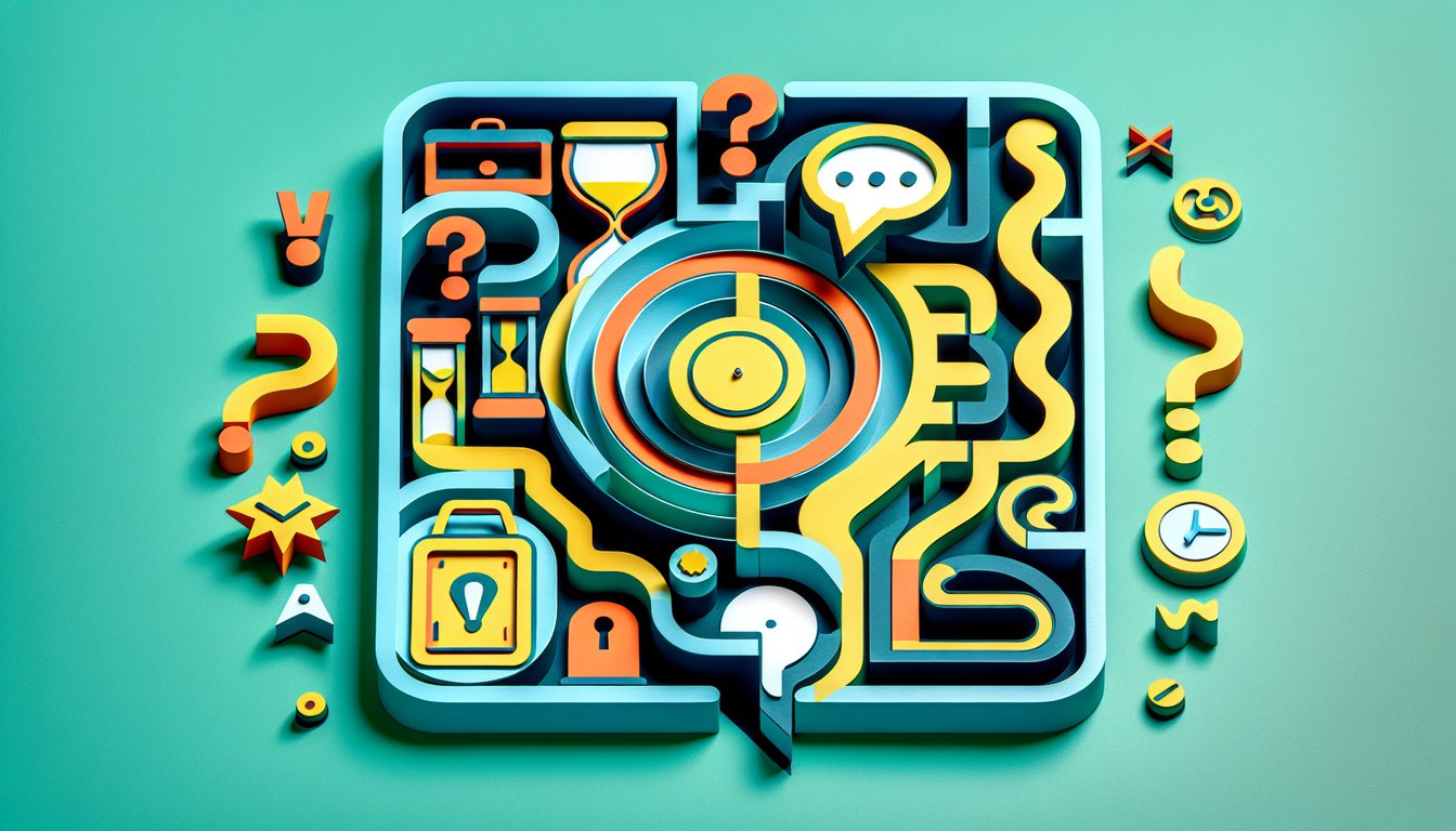 Paper art illustration for a quiz showing two people interacting with question mark shapes on a teal background