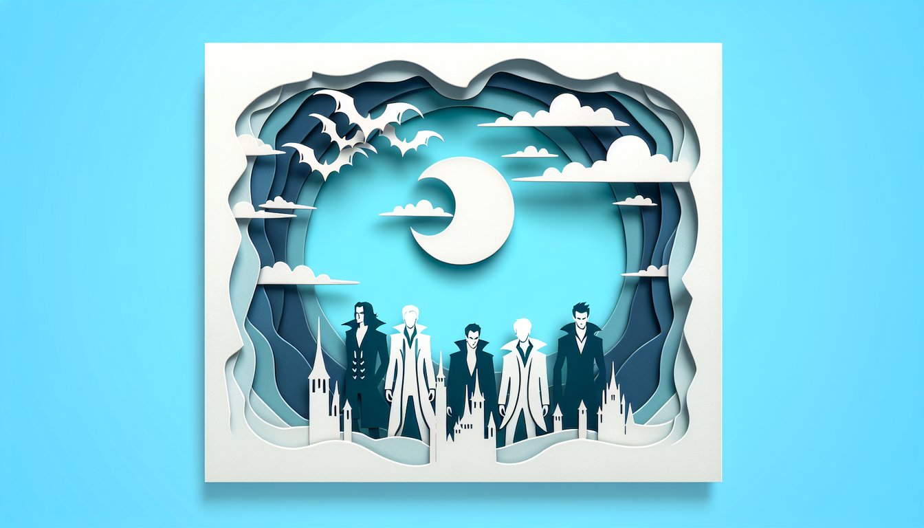 Paper art collage showing vampire fangs bats and moon on sky blue background for a twilight vampire quiz
