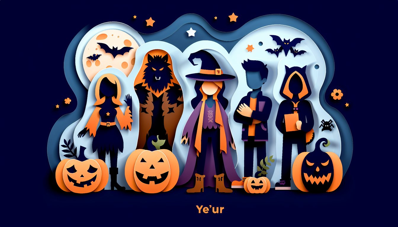 Halloween personality quiz paper art illustration on dark blue background