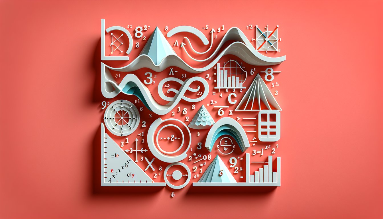 Paper art illustration for precalculus quiz with functions and equations on coral background