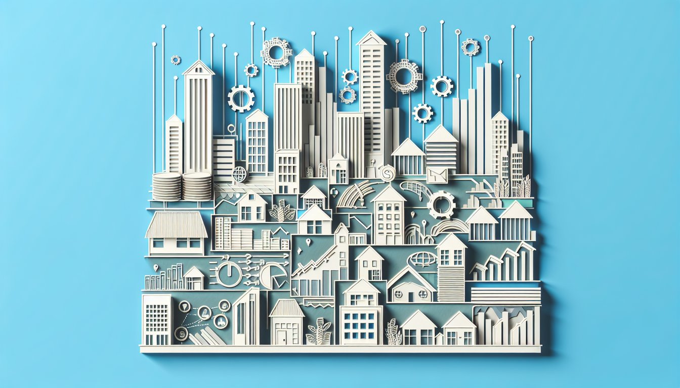 paper art monopoly board and market structure icons on sky blue background quiz banner
