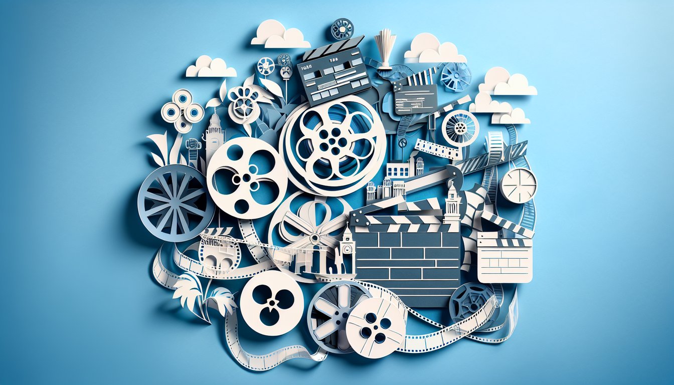 paper art illustration Tollywood quiz icons film reel clapperboard stars question mark on sky blue background