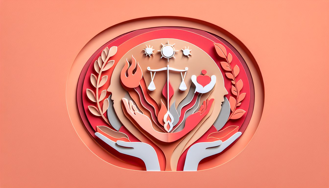 Paper art cut illustration of abstract faces hearts on coral background for light dark triad personality quiz.