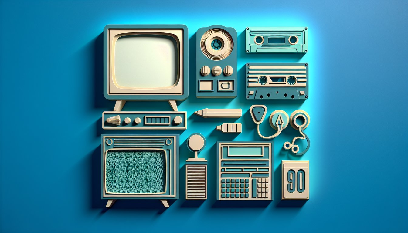 Paper art illustration of 1990s UK TV quiz featuring retro television cutouts quiz title and score meter on teal background