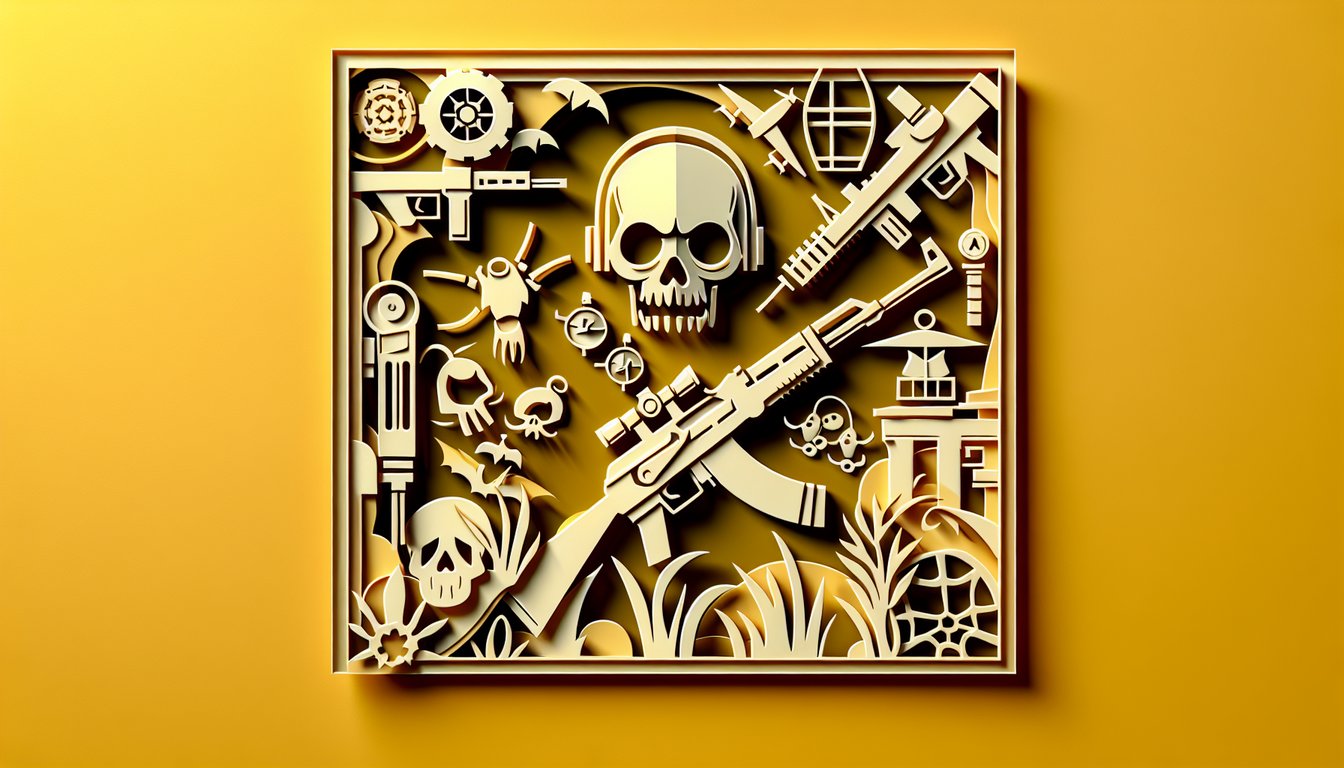 Paper art illustration for Call of Duty Zombies trivia quiz on a golden yellow background