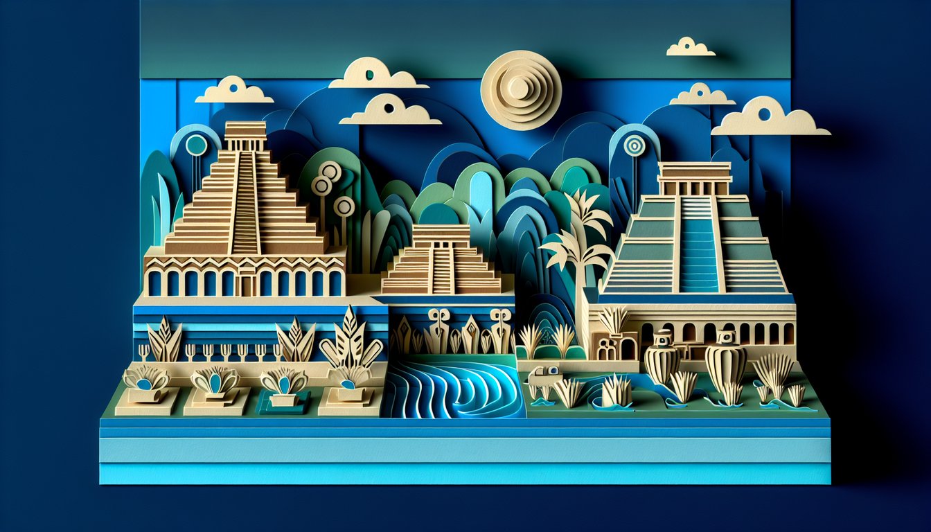 Paper art depicting Aztec chinampas island gardens on dark blue background for AP World History quiz