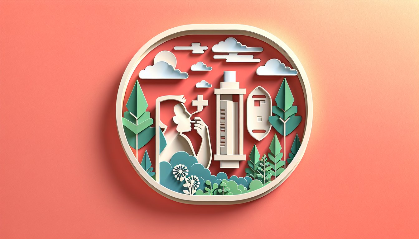 Paper art lungs, magnifying glass, check marks, breathing quiz, coral background